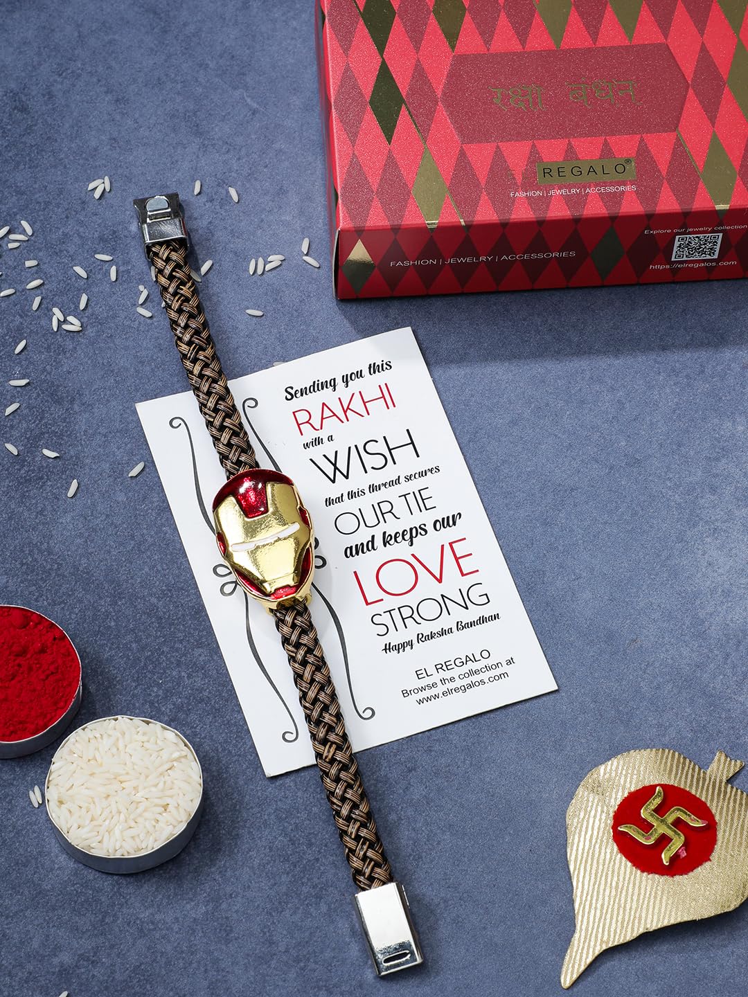 El Regalo Boys 1Pc Super Hero Bracelet Rakhi For Brother/Bhai With Roli Chawal Shagun Pack, Message Card In Rakhi Box (Iron Man)