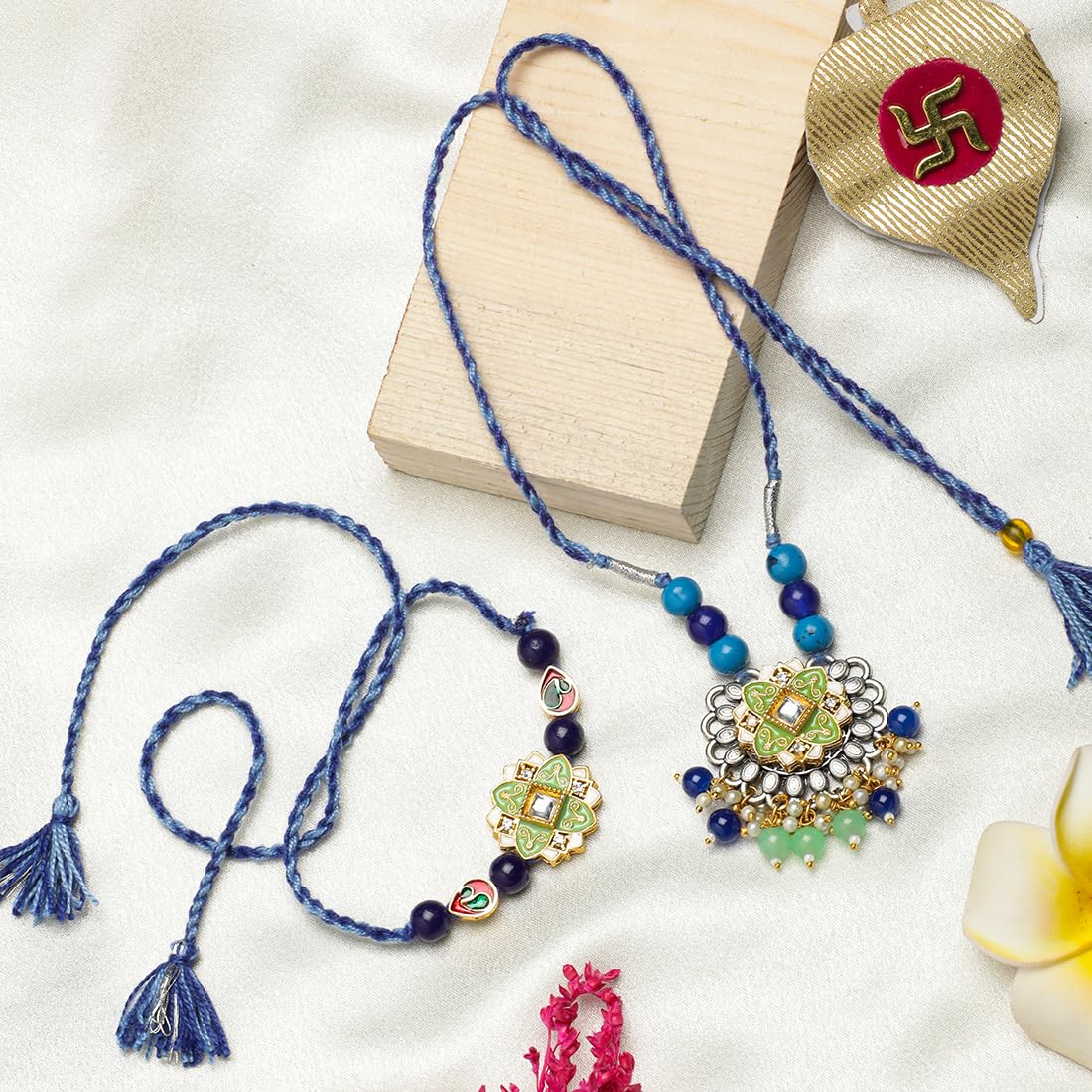 El Regalo Designer Bhaiya- Bhabhi Rakhi Luma/Lumba Set- Kundan, Pearls Rakhi with Roli Chawal in Gift Box- Luma Convertible into Necklace (Option-9)