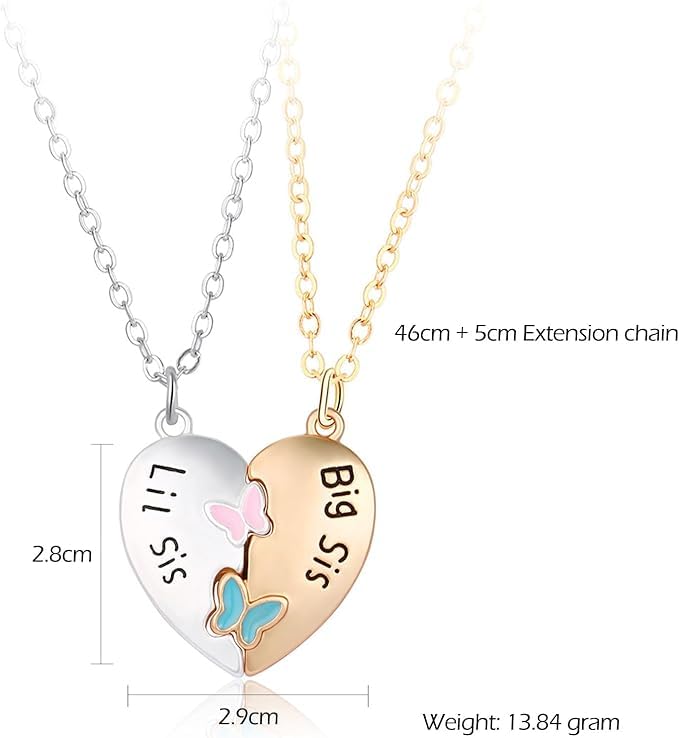 El Regalo 2PCs Big Sis/Lil Sis Magnetic Butterfly Heart Necklaces Set for Girls/Sisters/Best Friends/Soul Sisters