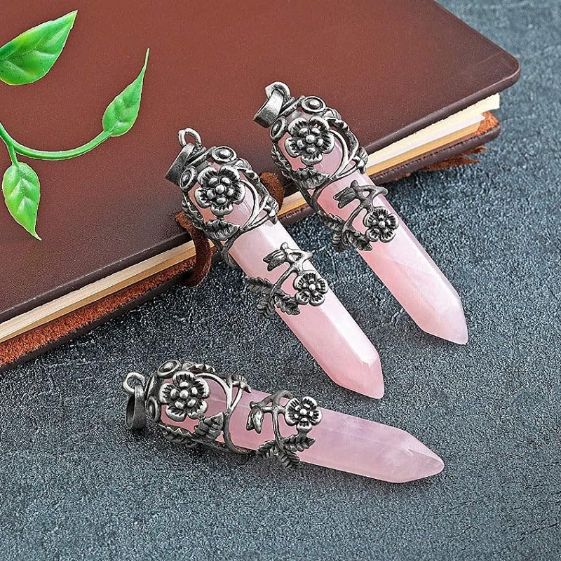 El Regalo 1PC Flower Wrapped Hexagonal Healing Natural Stones Point Pendant Unisex Necklace- Natural Stones Reiki Healing Crystals Necklace in Antique Silver Finish (Pink-Rose Quartz-Cord)