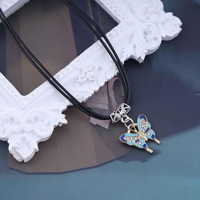 El Regalo Vintage Butterfly Pendant Necklace On Leather Cord- Layered Faux Leather Enameled Butterfly Pendant Choker for Girls & Women (Blue)