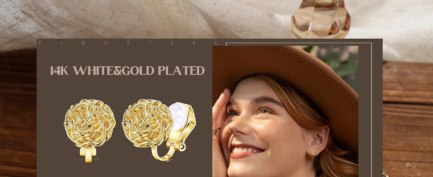 El Regalo Cute Twisted Ball Clip On Earrings- Non Piercing Press Studs for Girls/Women- Metal Yarn Ball Design with Rubber Pads- Fake Clip Earrings