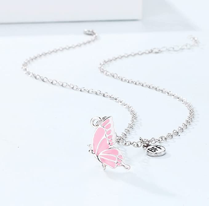 El Regalo Magnetic Butterfly BFF Necklaces for 2, Enamel Butterfly Friendship Magnetic Necklace for Teen Girls Women - Gift for Best Friends/Besties/Sisters (Pink Butterflies)