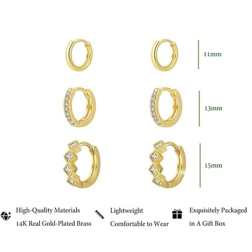 El Regalo 3 Pairs Dainty 14K Gold Plated Huggie Hoop Earrings - Small CZ Hoop Earrings Set for Women & Girls, Cartilage & Tragus Earrings (Style-2)