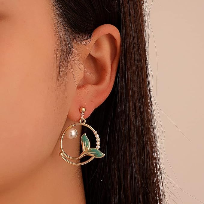 El Regalo Mermaid Tail Pearl Enamel Earring for Women & Girls- Mermaid Tail Pearl Earrings with Gold, Pearl & Teal Accents (Ocean Green)
