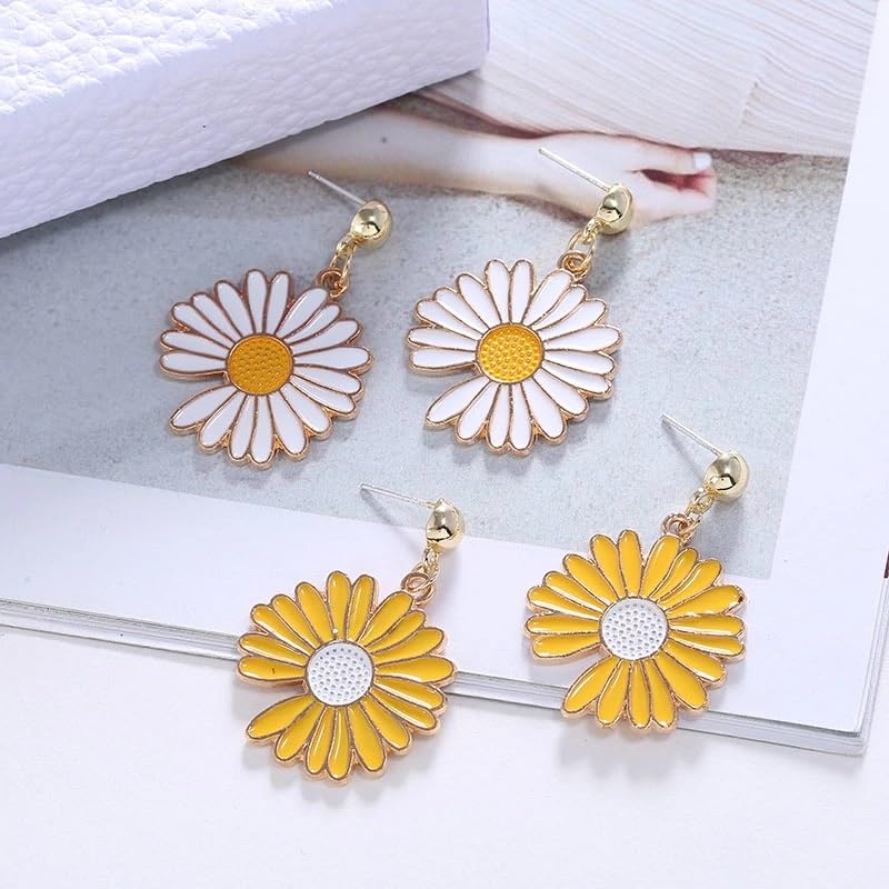 El Regalo 2 Pairs Daisy Flower Earrings for Girls & Women- Cute Yellow & White Flower/Floral Earrings