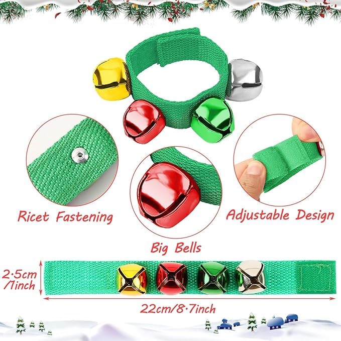 El Regalo 2PCs Jingle Bells Christmas Bracelets | Wrist & Ankle Bells for Party Favors, Musical Rhythm & Christmas Decor | Adjustable Percussion Instruments (Green Multi)
