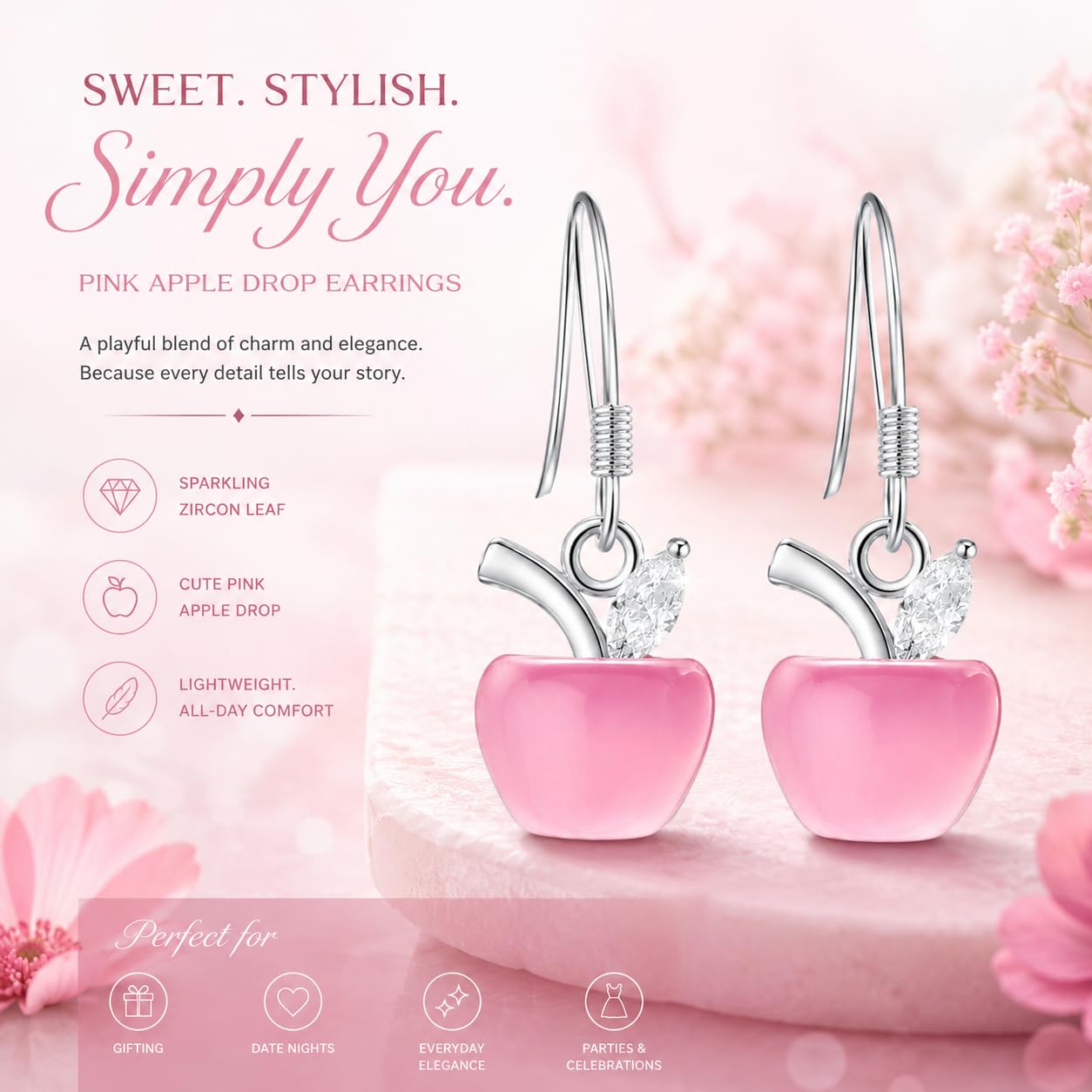 El Regalo Cute Pink Apple Drop Earrings for Women & Girls | Korean Style Aesthetic Earrings | CZ Studded Dangle Earrings | Trendy Party Fashion Jewellery