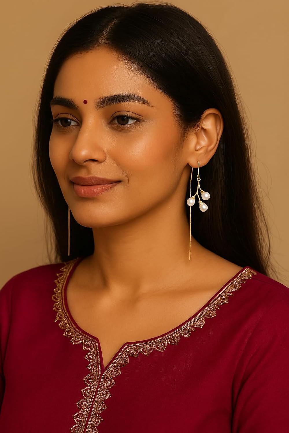 El Regalo Gold Plated Pearl Threader Earrings for Women & Girls | Long Chain Pearls Drop Earrings with Needle Thread Design | Elegant Gold Sui Dhaga Earrings for Wedding, Traditional and Festivals