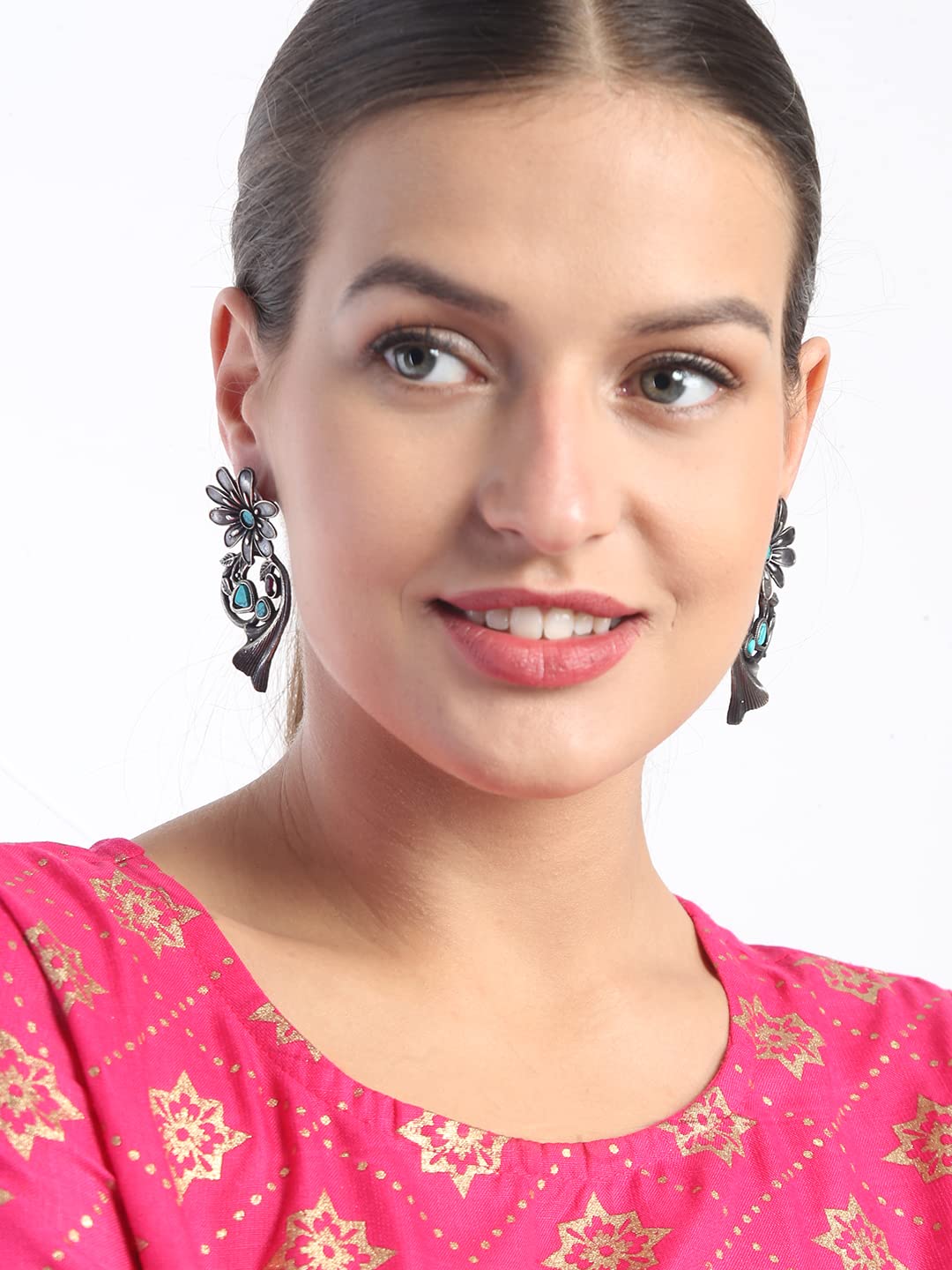 El Regalo Vintage Style Floral Stud Earrings - Bold Statement Earrings for Women - Antique Metallic Finish with Red & Turquoise Green Stones