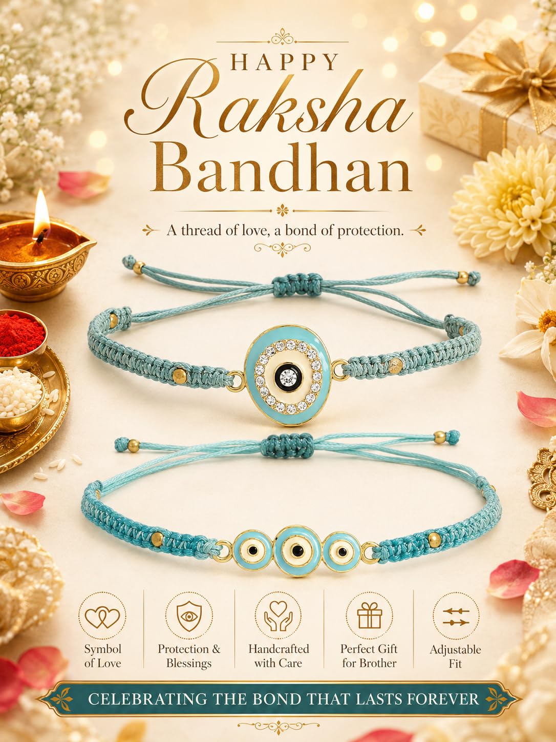 El Regalo 2PCs Rakhis for Brother- Evil Eye Rakhi Combo Set with 2 Rakhis, shagun Pack, Rakhi Message Card in Rakhi Gift Box (Option-3)