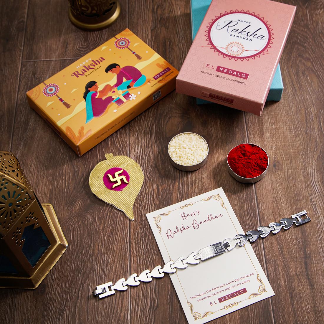 El Regalo 1 PC Designer Stainless Steel Bracelets Rakhi for Brother | 1 PC Anti Tarnish Chain Rakhi with Roli- Chanwal, Message Card in Rakhi Gift Box for Bhai/Bhaiya (Option-5)