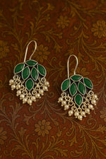 El Regalo 925 Silver Plated Stones Studded Cluster Pearls Dangle Hook Oxidized Earrings - Handcrafted Elegant Jewelry for Women (Green)
