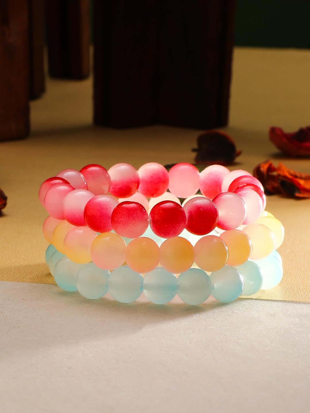 El Regalo 3PCs Beautiful Gradient Glass Beads Bracelets Set for Girls & Women (Color Options-1)