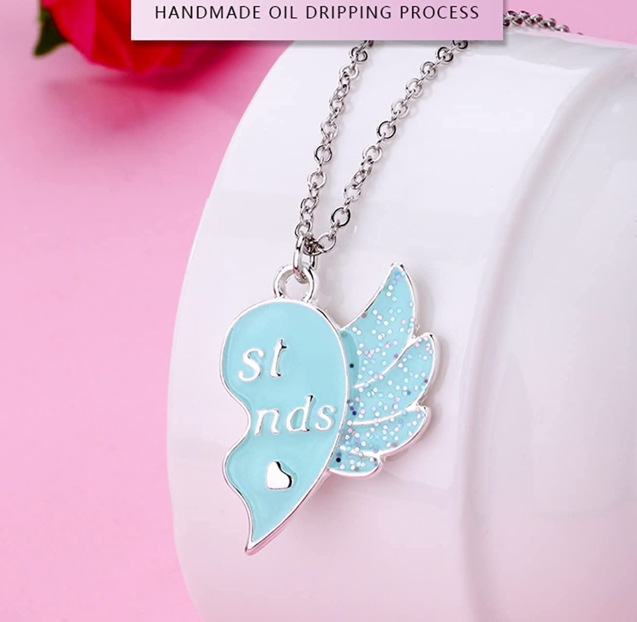 El Regalo 2 PCs Best Friend BFF Split Magnetic Matching Heart Wings Pendant Necklaces Set for Girls/Besties/Soul Sisters (BF Silver Heart Wings)