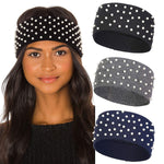 El Regalo 2 PCs Elastic Knit Ear Warmers with Pearls for Girls & Women | Winter Hair Band for Women Head Wraps (Grey & Black)