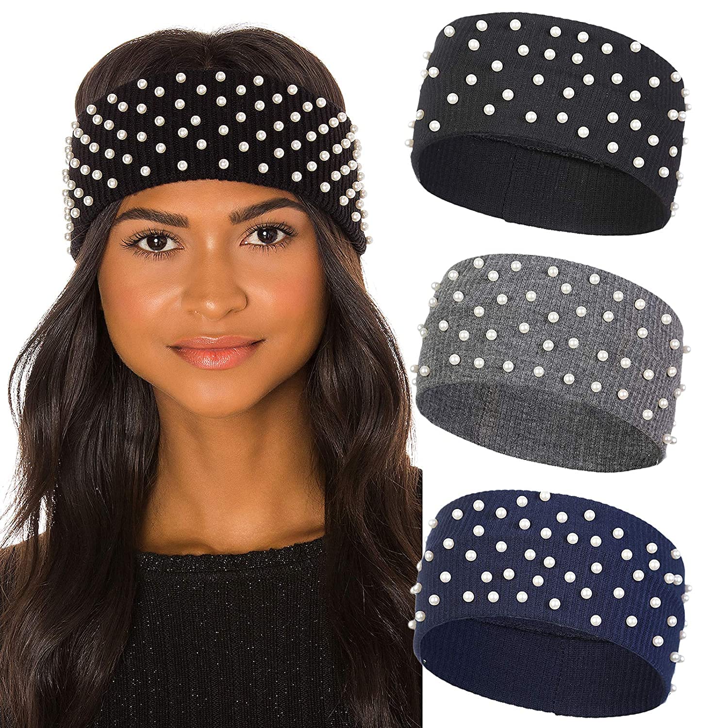 El Regalo 2 PCs Elastic Knit Ear Warmers with Pearls for Girls & Women | Winter Hair Band for Women Head Wraps (Grey & Black)