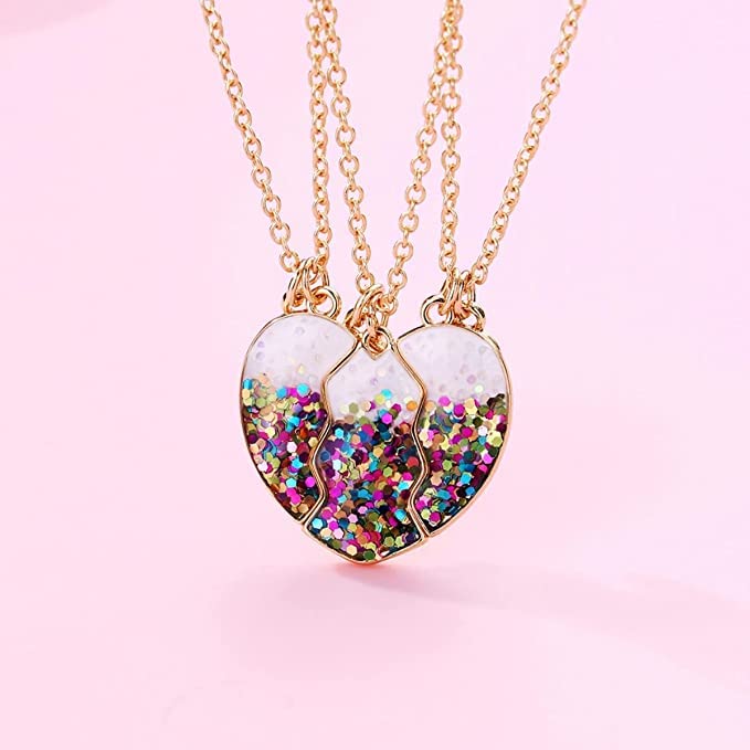 El Regalo 3 PCs BFF Best Friend Forever Split Heart Magnetic Matching Pendant Necklaces Set for Kids/Girls/Teens- Friendship Puzzle Necklaces Sets for Besties (Sparkly Off White Heart)