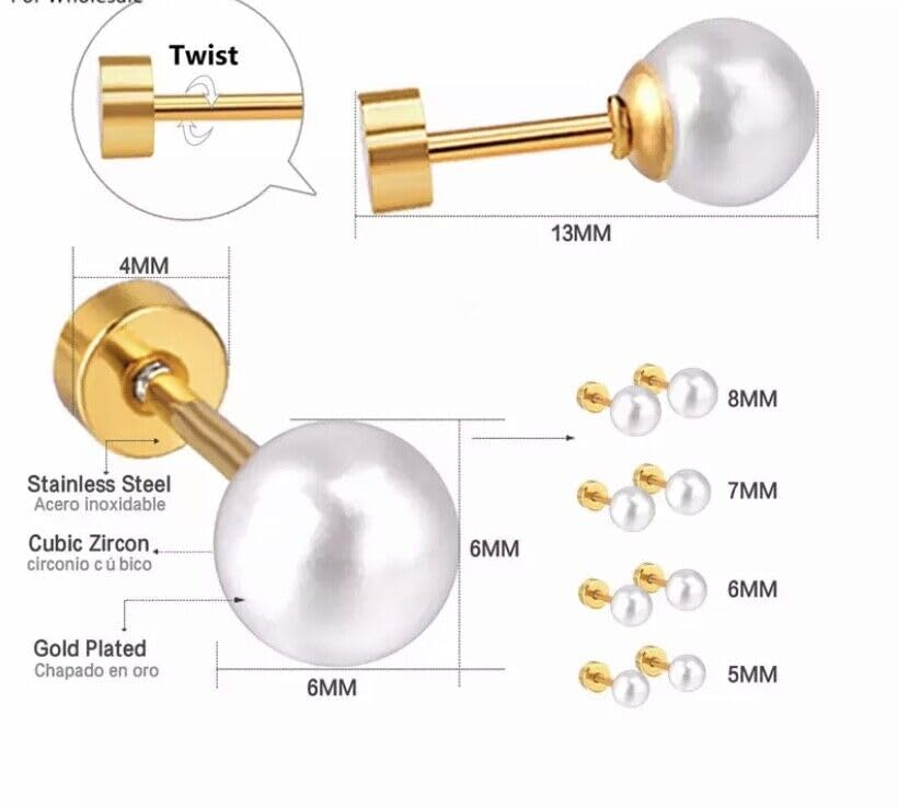 El Regalo Pearl Stud Earrings- 14K Gold Finish Screw Back Pearl Hypoallergenic 316L Surgical Steel Stud Earrings for Girls/Kids/Women- Cartilage/Helix Earrings Earrings (5mm)