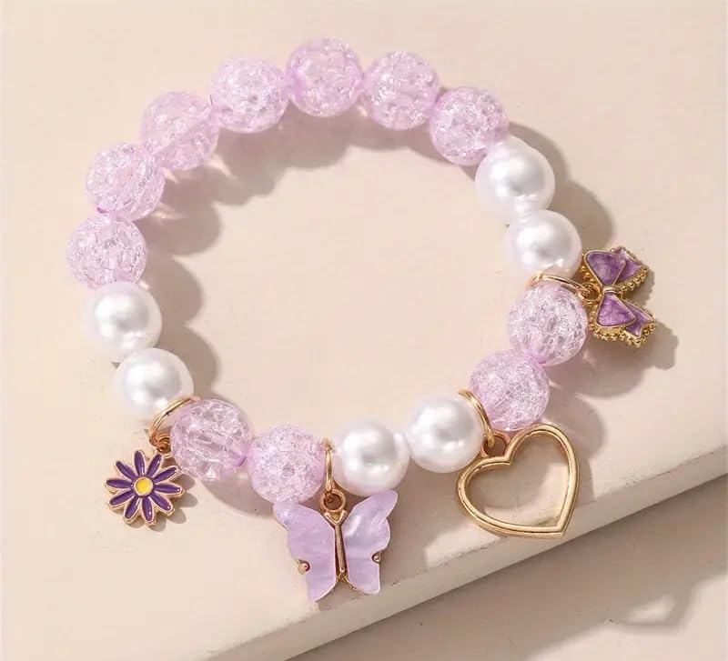El Regalo 1PC Butterfly, Love Heart, Bow, Flower Charms Crystals Beads Bracelet for Girls - Fashion Bracelets for Girls/Women (Purple)