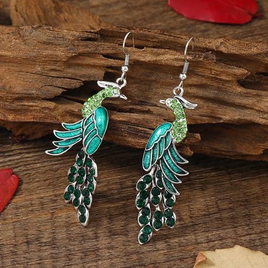 El Regalo Vintage Ethnic Peacock Earrings for Women- Elegant Oil Drop Rhinestone Dangle Earring Party Jewelry (Green)