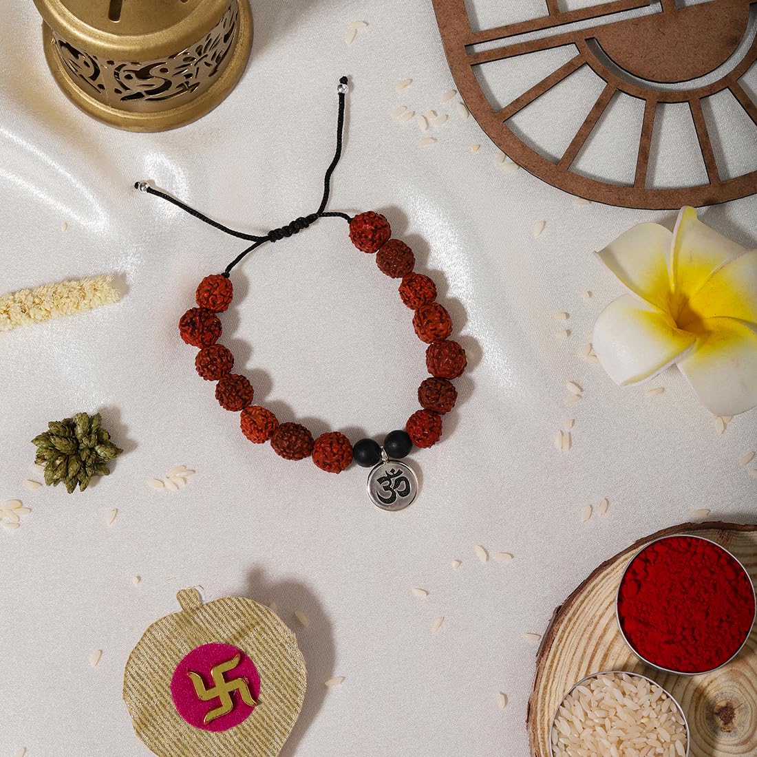 El Regalo 1PC Auspicious Natural Rudraksha & Lava Beads Rakhi for Brother- Designer Rudraksha Beads Rakhi with Roli Chawal, Rakhi Message Card in Rakhi Gift Box (Silver OM)