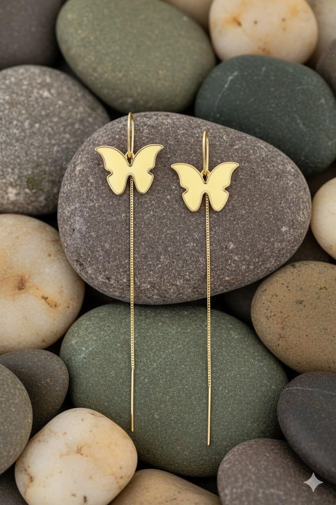 El Regalo Butterfly Threader Earrings for Women & Girls | Lightweight Long Chain Dangle Earrings | Trendy Gold Plated Butterfly Sui Dhaga Earrings | Minimal Elegant Jewelry (Glossy Yellow)