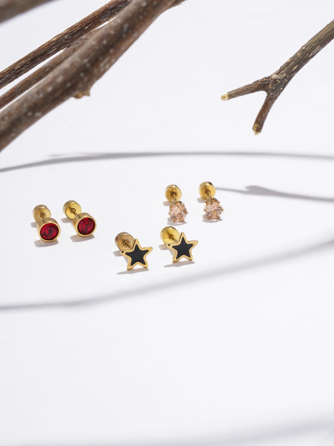 El Regalo 3 Pairs Cute Stainless Steel CZ Stud Earrings Combo for Kids/Girls/Teens/Women - Stars, Heart, Flower, Butterfly, Disco Ball, Stones - Hypoallergenic Flatback Earrings (Style-7)