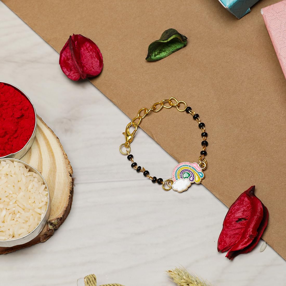 El Regalo 1PC Cute Kids Nazaria Rakhi for Little Brother - Kids Chrams Nazaria Rakhis for Babies/Toddlers with Roli Chawal, Rakhi Message Card in Rakhi Gift Box (Rainbow Cloud Nazaria)