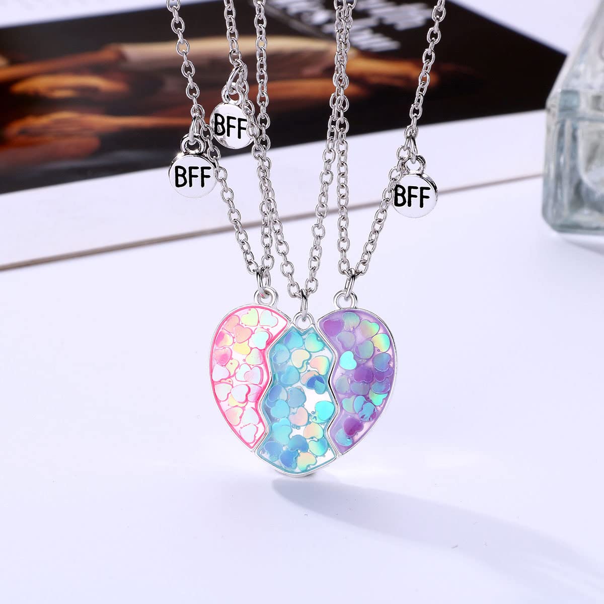 El Regalo 3 PCs BFF Best Friend Forever Split Heart Magnetic Matching Pendant Necklaces Set for Kids/Girls/Teens- Friendship Puzzle Necklaces Sets for Besties (Mermaid Heart BFF)