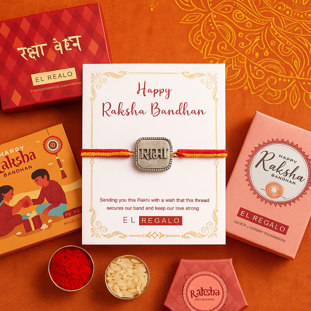 El Regalo 1PC Traditional Rakhi for Brother with Roli Chawal & Message Card | Designer Rakshabandhan Thread with OM, Shree Ram, Ganesha, Krishna Charms | Rakhi Gift Box Included (Ram)