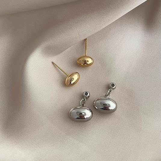 El Regalo Tiny Two Tone Teardrop Stud Earrings for Girls & Women- 2-in-1 Gold Silver Front Back Oval Bean Dangle Earrings