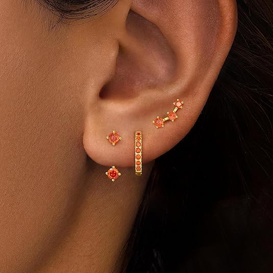 El Regalo 3 Pairs CZ Earrings Set - 14K Gold Plated Dainty Stud & Huggie Small Hoops for Women | Cartilage Earrings for Multiple Piercing | Trendy Stacking Jewellery (Orange)