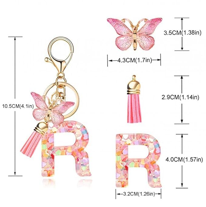 El Regalo Personalized Name Initials Butterfly Charm Keychain - Custom Letter Keyring with Pink Tassel & Butterfly Pendant, Purse, Bag, Backpack Accessory (R Letter)