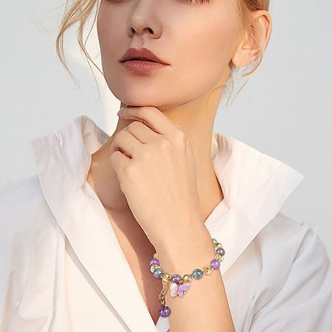 El Regalo 1 PC Butterfly Sparkly Crystal Beads Tassel Bracelet With Cute Enamel Butterfly Charms for Girls/Teens/Women (Green)
