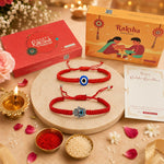 El Regalo Unisex Lucky Kabbalah Blue Turkish Evil Eye Hamasa Hand Red Macrame Rakhi Set for Bhaiya & Bhabhi (Hamasa Hands Evil Eye)