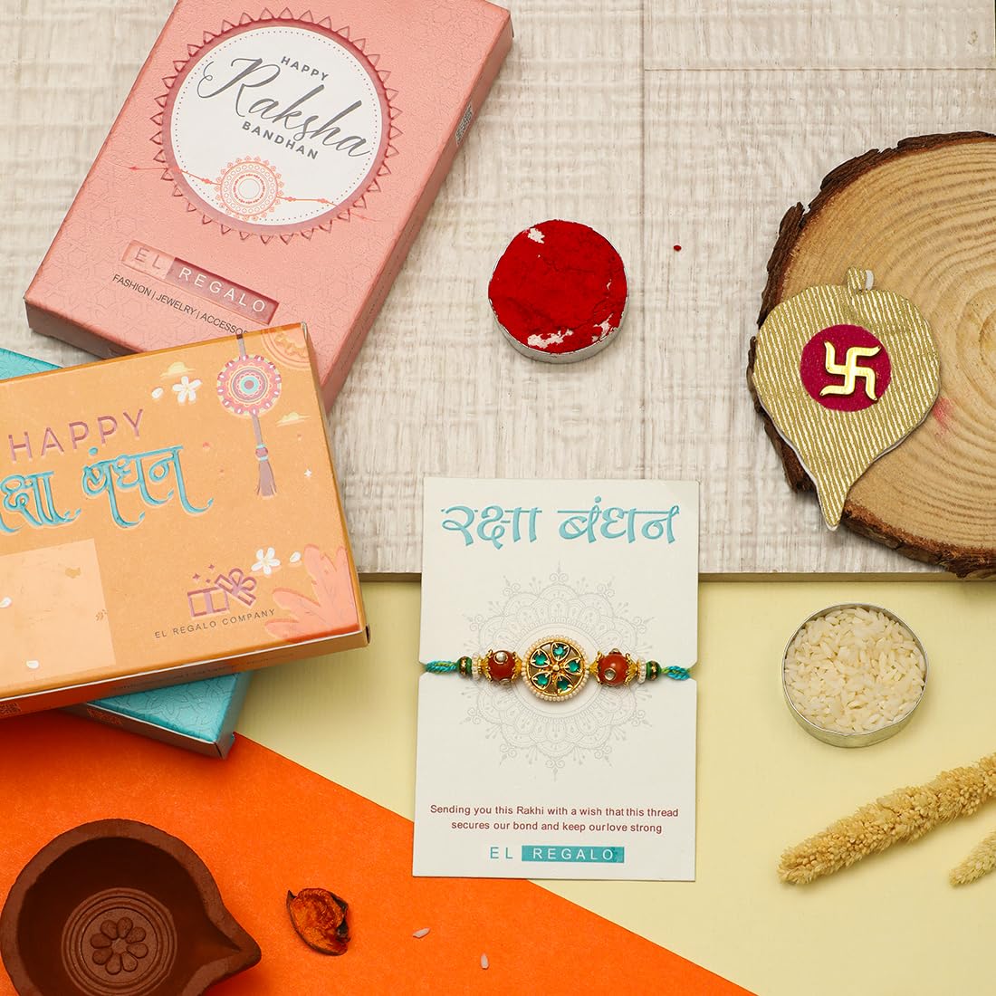 El Regalo Designer 1 PC Pearl, Kundan, Meena work Rakhi for Brother- Fancy Rakhi for Brother with Roli Chwal, Rakhi Message Card in Rakhi Box