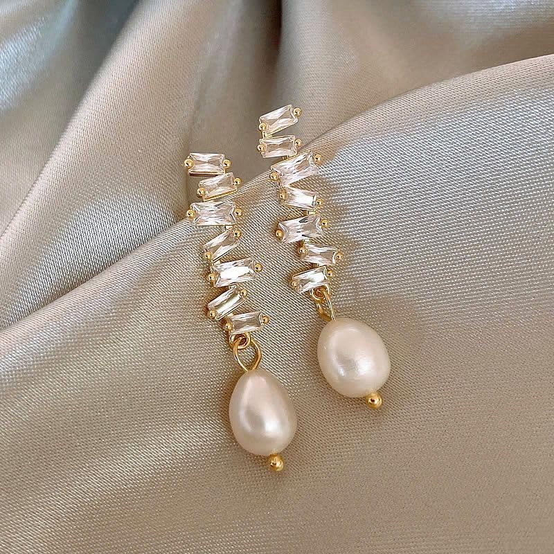 El Regalo Fancy Pearl Earrings- Pearl Zircon Inlaid Dangle Earrings for Girls & Women- Pearl Tassel Long Earrings (Zircon Pearl Studs)