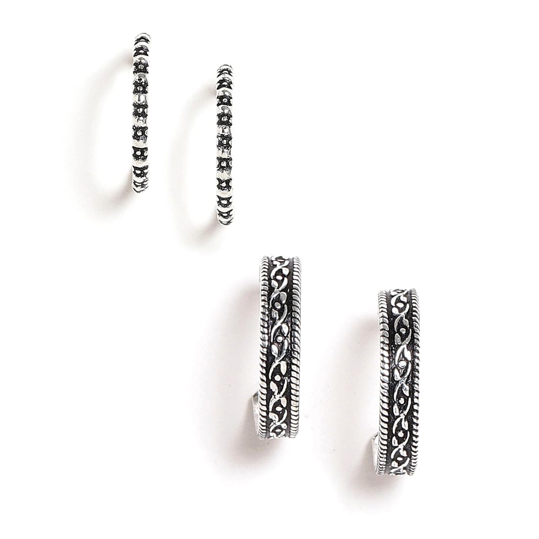 El Regalo 2 Pairs Tribal Oxidized Half Hoop Earrings, Huggie Earrings- Hammered Bohemian Oxidized German Silver Baali Earrings (Option-2)