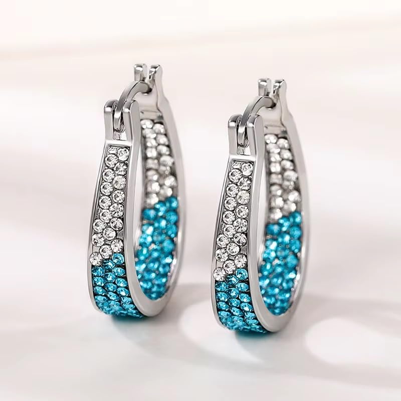 El Regalo Elegant Oval Crystal Hoop Earrings for Girls & Women- Silver Plated Sparkle Bling CZ Inside Out Earrings (Gradient Blue)