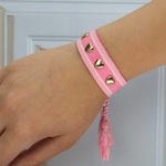 El Regalo Bohemian Style Heart Charm Rivet Tassel Unisex Bracelet | Handcrafted Woven Rope Bracelet with Golden Heart Charms and Adjustable Knot Closure (Pink)