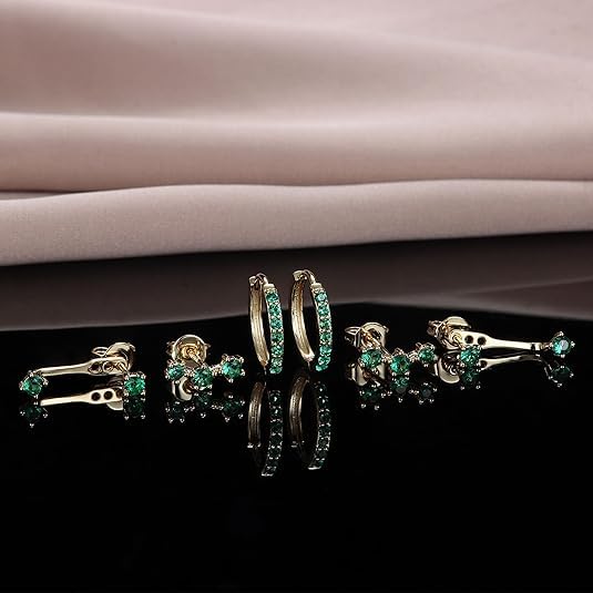 El Regalo 3 Pairs CZ Earrings Set - 14K Gold Plated Dainty Stud & Huggie Small Hoops for Women | Cartilage Earrings for Multiple Piercing | Trendy Stacking Jewellery (Green)