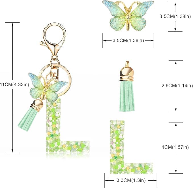 El Regalo Personalized Name Initials Butterfly Charm Keychain - Name Letters Keyring with Green Butterfly & Stars Filled Resin & Tassel Pendant, Purse, Bag, Backpack Accessory (Letter L)