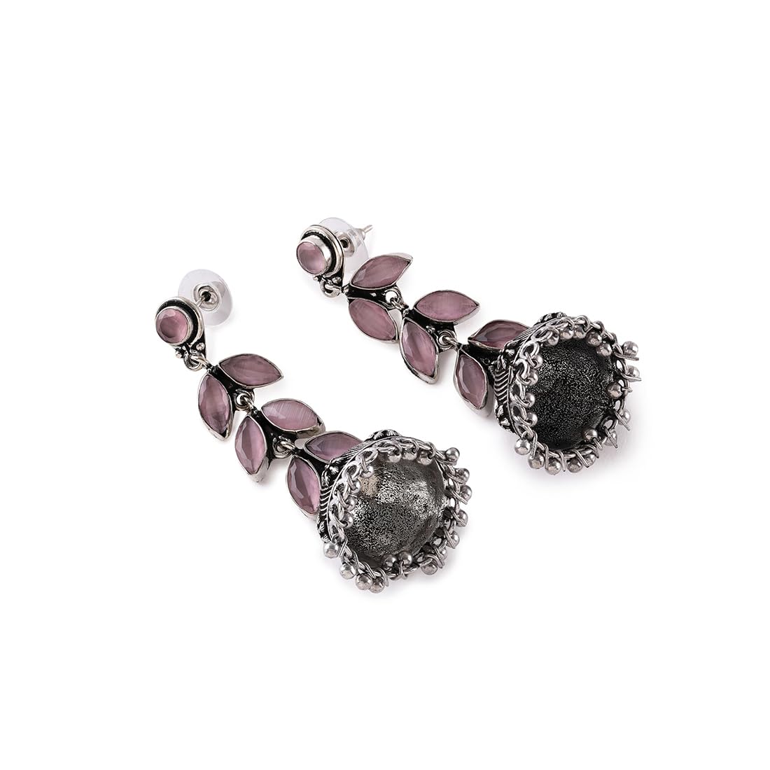 El Regalo Elegant Oxidized Stones Leaves Brass Jhumka Earrings- Silver Lookalike Ethnic Long Jhumki Earrings for Women Girls (Pink)