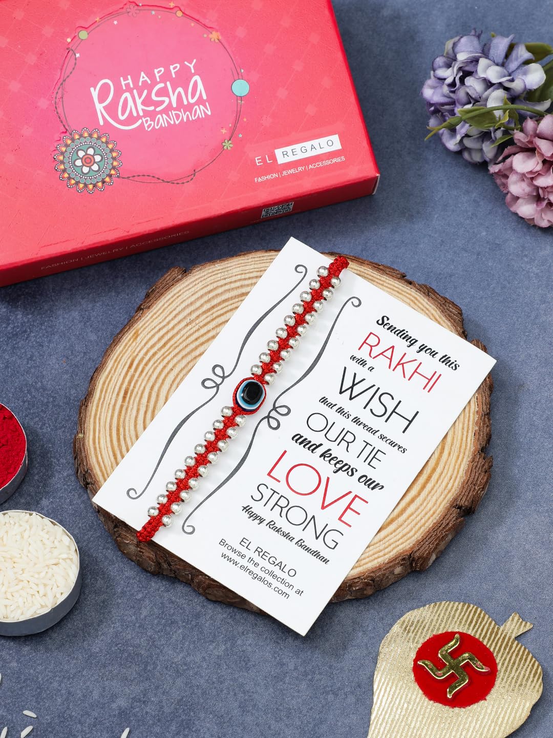 El Regalo Simple & Elegant Evil Eye Rakhi for Brother- Silver & Golden Beads Evil Eye Bracelet Rakhi for Brother/Bhai/Bhaiya with Roli Chawal in Rakhi Gift Box (Silver Red)