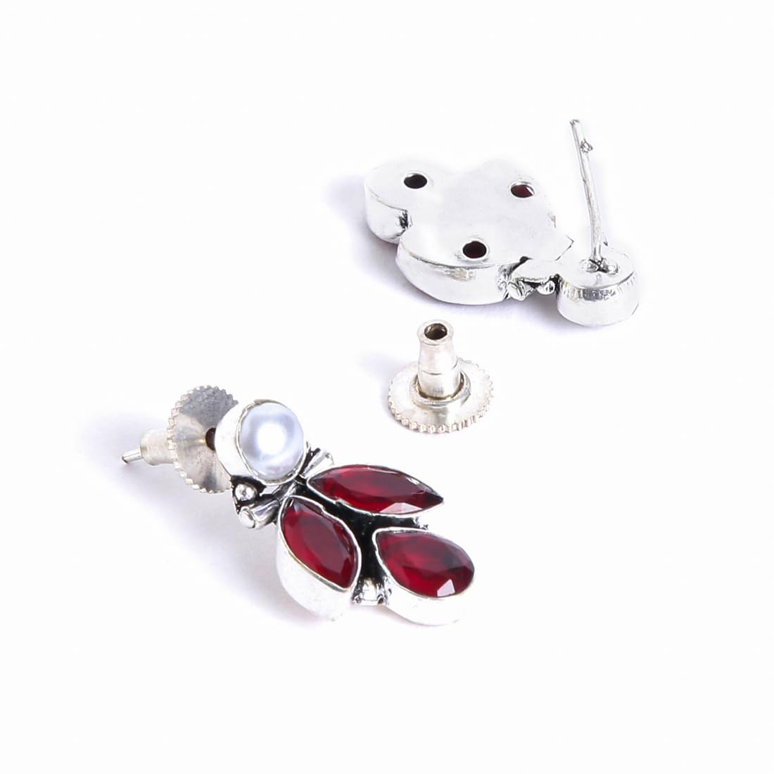 El Regalo Pearl Earrings, 925 Silver Plated Vintage Stones Pearls Stud Earrings for Women & Girls- Silver Lookalike Pearls Earrings (Red)