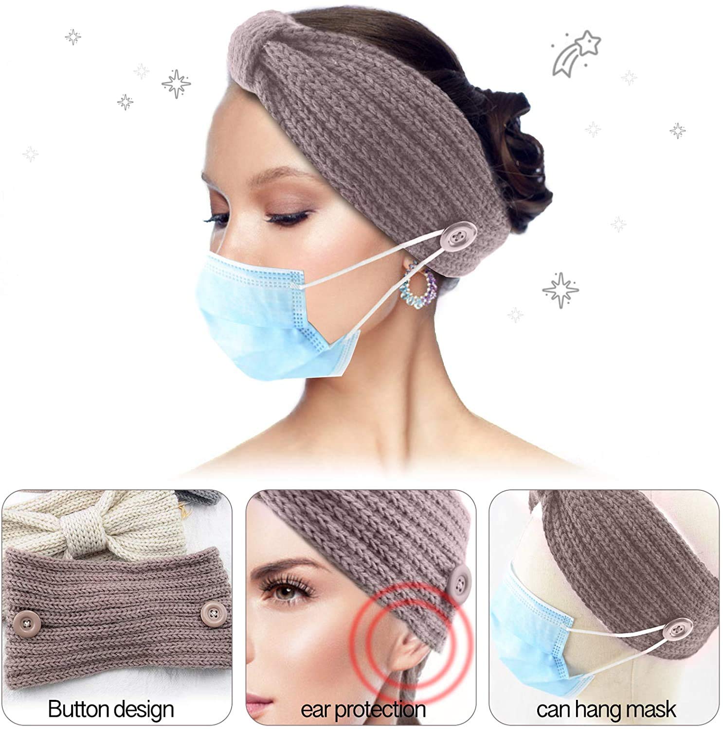 El Regalo Knitted Winter Twist Woolen Warm Headband with Buttons for Face Mask Cover | Cold Weather Hair Accessories Head Wrap | Winter Headbands for Women & Men (Plum Red)