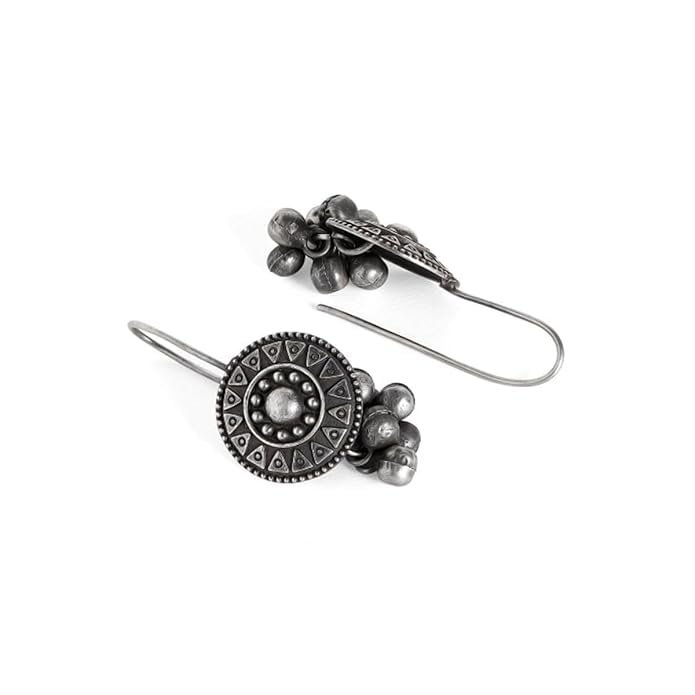 El Regalo Silver Lookalike Brass Oxidized Hook Earrings with Ghungroo for Women/Girls- Ethnic Traditional Earrings