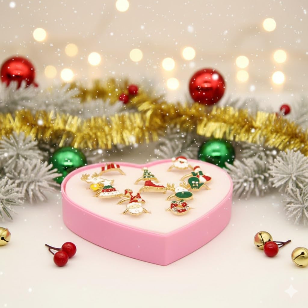 El Regalo 12 Pcs Christmas Adjustable Rings Set for Kids/Girls/Teens/Women | Cute Xmas Party Favour Rings with Heart Gift Box | Santa, Reindeer, Christmas Tree, Snowman, Candy Cane, Wreath Designs