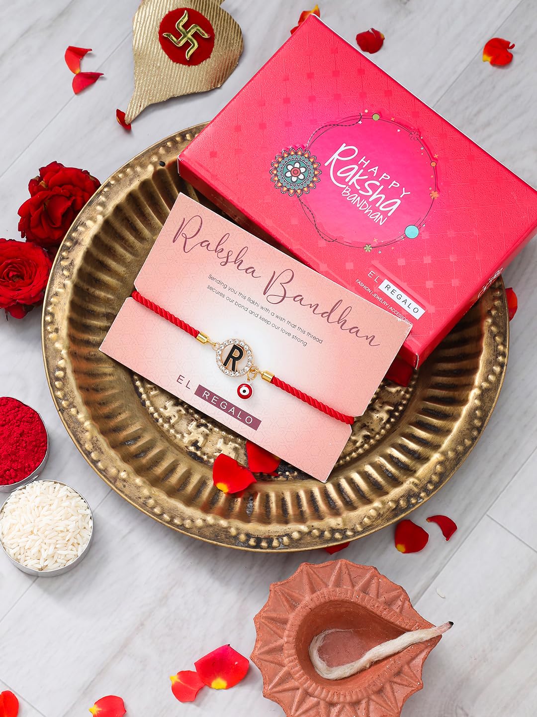 El Regalo Name Initials Evil Eye Bracelet Rakhi for Brother- Name Letter CZ Rakhi with Roli Chawal, Message Card in Rakshabandhan Box for Bhai (Red- R)